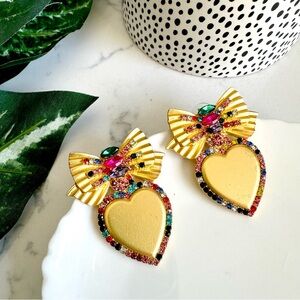 2/$30🌵 Gold Tone Heart & Bow Colorful Stone Earrings Jewelry Rhinestone NEW